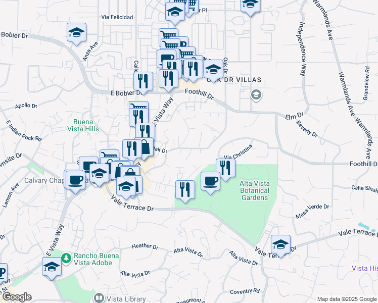 map of restaurants, bars, coffee shops, grocery stores, and more near 1121 Oak Drive in Vista