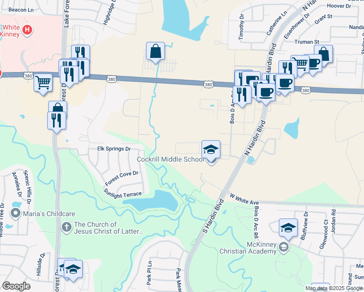 map of restaurants, bars, coffee shops, grocery stores, and more near 4133 Angelina Drive in McKinney