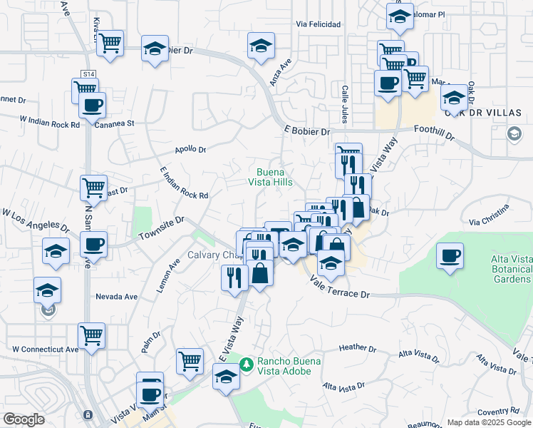 map of restaurants, bars, coffee shops, grocery stores, and more near 822 Smith Drive in Vista