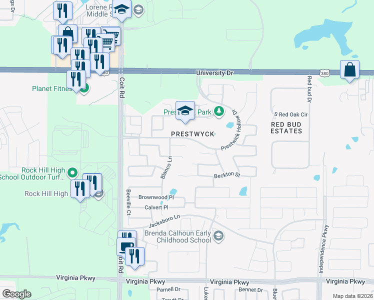 map of restaurants, bars, coffee shops, grocery stores, and more near 12001-B Prestwick Hollow in McKinney