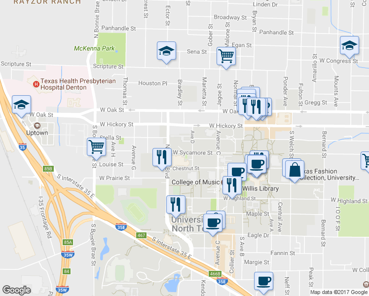 map of restaurants, bars, coffee shops, grocery stores, and more near 1918 West Sycamore Street in Denton