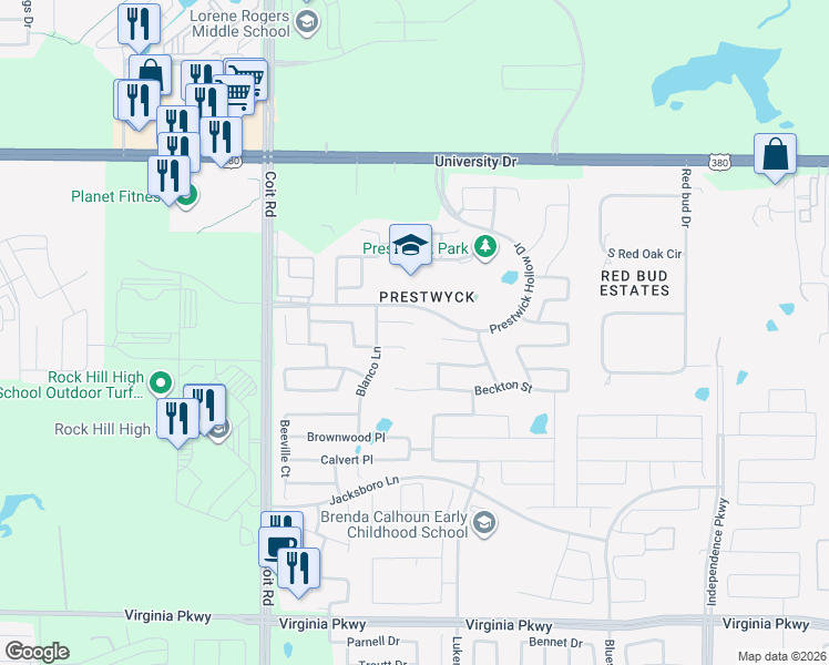 map of restaurants, bars, coffee shops, grocery stores, and more near 12001-B Prestwick Hollow in McKinney