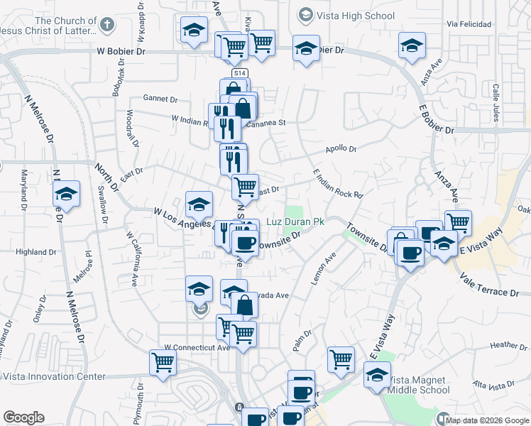 map of restaurants, bars, coffee shops, grocery stores, and more near 1011 Bartlett Drive in Vista