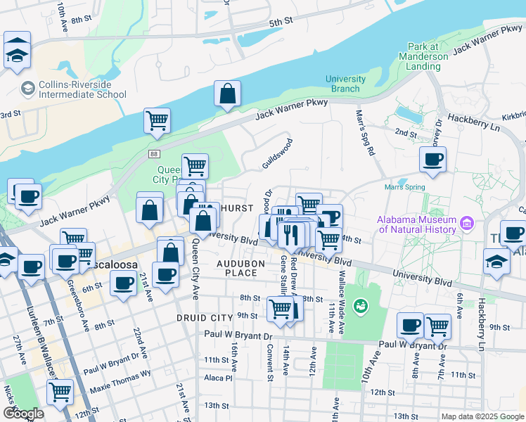 map of restaurants, bars, coffee shops, grocery stores, and more near 328 Caplewood Drive in Tuscaloosa