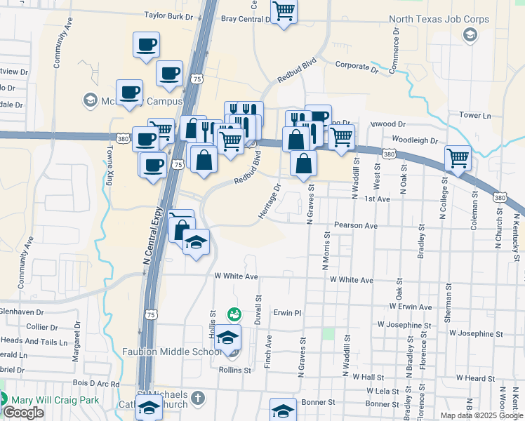 map of restaurants, bars, coffee shops, grocery stores, and more near 1799 Heritage Drive in McKinney