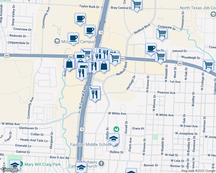 map of restaurants, bars, coffee shops, grocery stores, and more near 1600 Redbud Boulevard in McKinney