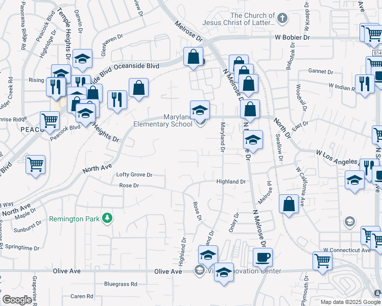 map of restaurants, bars, coffee shops, grocery stores, and more near 818 Pohl Place in Vista