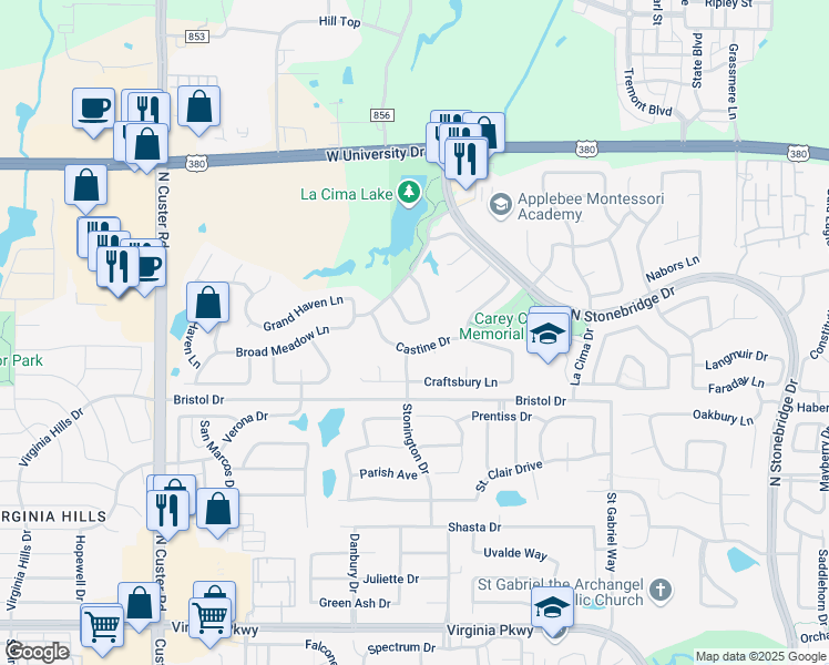 map of restaurants, bars, coffee shops, grocery stores, and more near 1409 Montclair Circle in McKinney