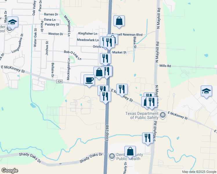 map of restaurants, bars, coffee shops, grocery stores, and more near 104 Highway 288 Loop in Denton
