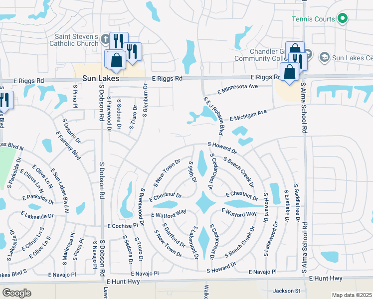 map of restaurants, bars, coffee shops, grocery stores, and more near 25633 South Brentwood Drive in Sun Lakes