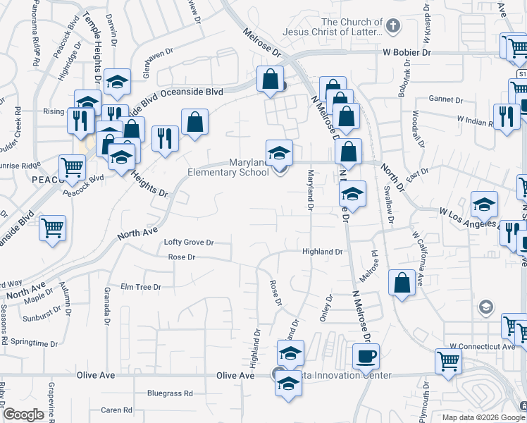 map of restaurants, bars, coffee shops, grocery stores, and more near 824 Pohl Place in Vista