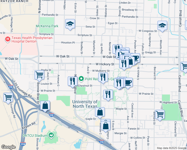 map of restaurants, bars, coffee shops, grocery stores, and more near 1801 West Mulberry Street in Denton