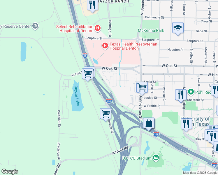 map of restaurants, bars, coffee shops, grocery stores, and more near 2422 Interstate 35 Frontage Road in Denton