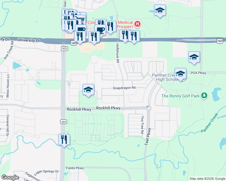 map of restaurants, bars, coffee shops, grocery stores, and more near 1885 Snapdragon Road in Frisco