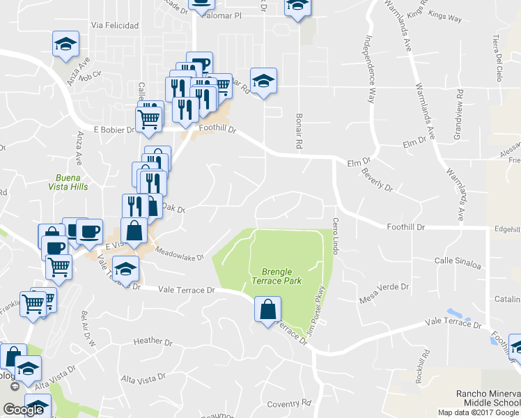 map of restaurants, bars, coffee shops, grocery stores, and more near 1345 Via Christina in Vista