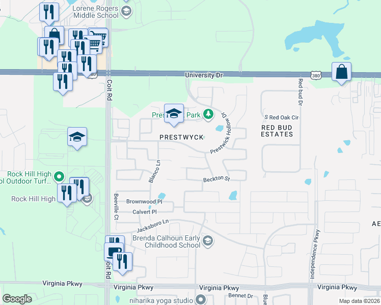 map of restaurants, bars, coffee shops, grocery stores, and more near 11804 Raeburn Court in McKinney