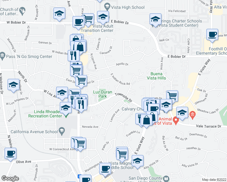 map of restaurants, bars, coffee shops, grocery stores, and more near 1010 Rhea Place in Vista