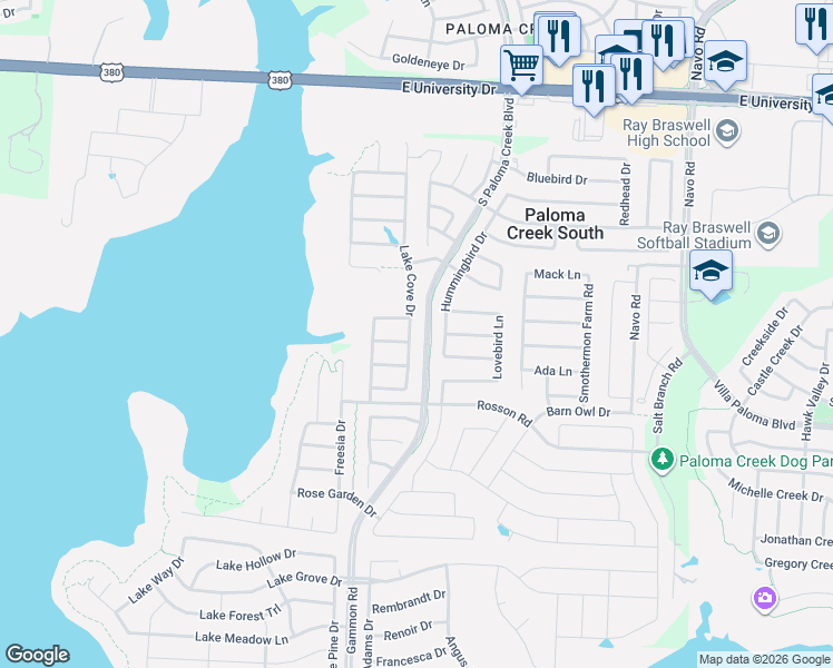 map of restaurants, bars, coffee shops, grocery stores, and more near 713 Lake Cove Drive in Little Elm