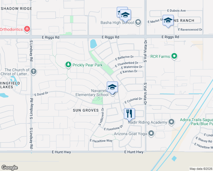 map of restaurants, bars, coffee shops, grocery stores, and more near 4623 East Desert Sands Drive in Chandler