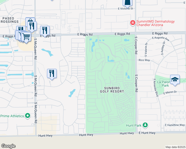 map of restaurants, bars, coffee shops, grocery stores, and more near 1518 East Indian Wells Drive in Chandler