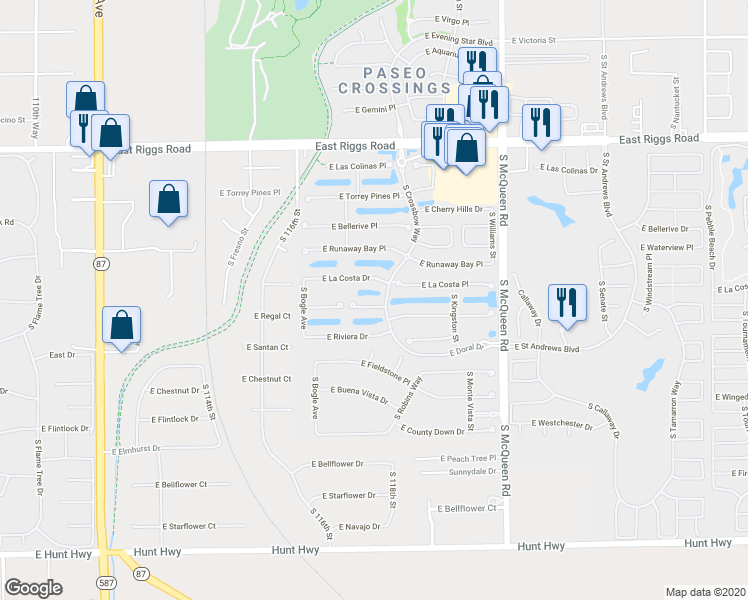map of restaurants, bars, coffee shops, grocery stores, and more near 760 East Indian Wells Place in Chandler