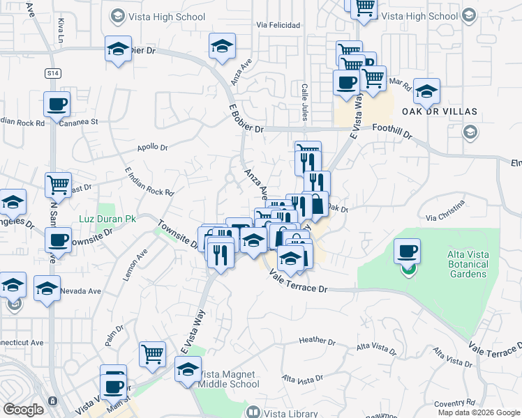 map of restaurants, bars, coffee shops, grocery stores, and more near 1027 Marbo Terrace in Vista