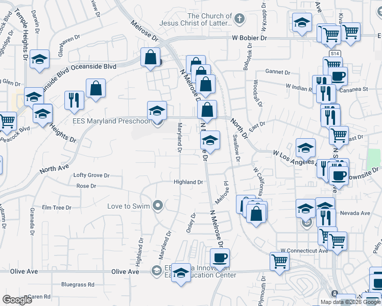 map of restaurants, bars, coffee shops, grocery stores, and more near 629 Amarra Lane in Vista