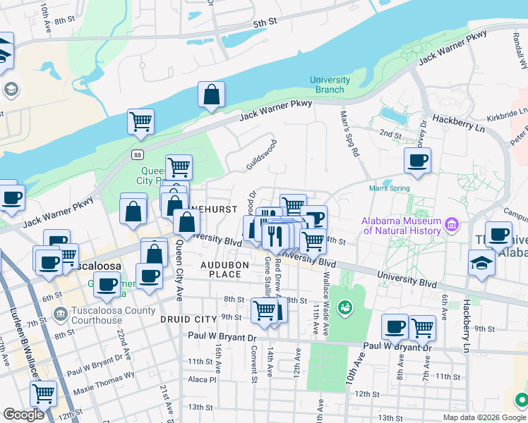 map of restaurants, bars, coffee shops, grocery stores, and more near 314 Reed Street in Tuscaloosa