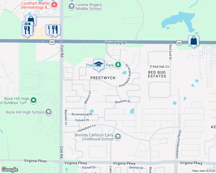 map of restaurants, bars, coffee shops, grocery stores, and more near 11804 Raeburn Court in McKinney