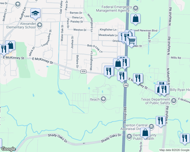 map of restaurants, bars, coffee shops, grocery stores, and more near 3200 East McKinney Street in Denton