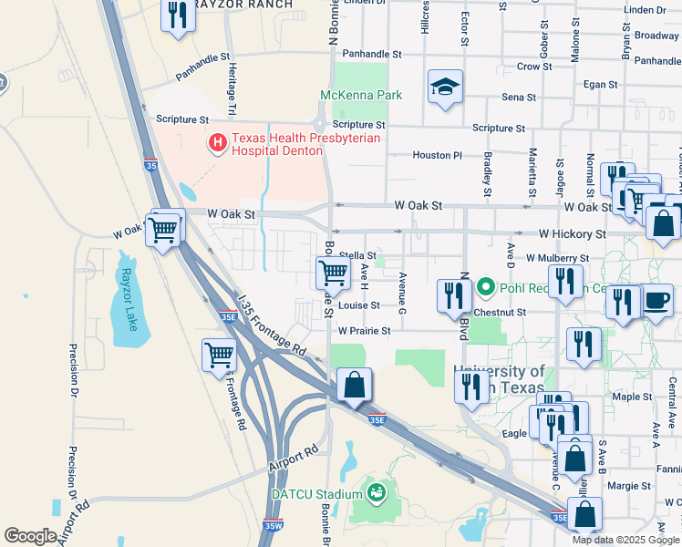 map of restaurants, bars, coffee shops, grocery stores, and more near 2532 Charlotte Street in Denton