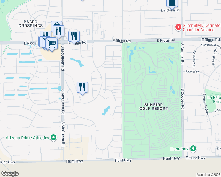 map of restaurants, bars, coffee shops, grocery stores, and more near 6433 South Tamarron Way in Chandler