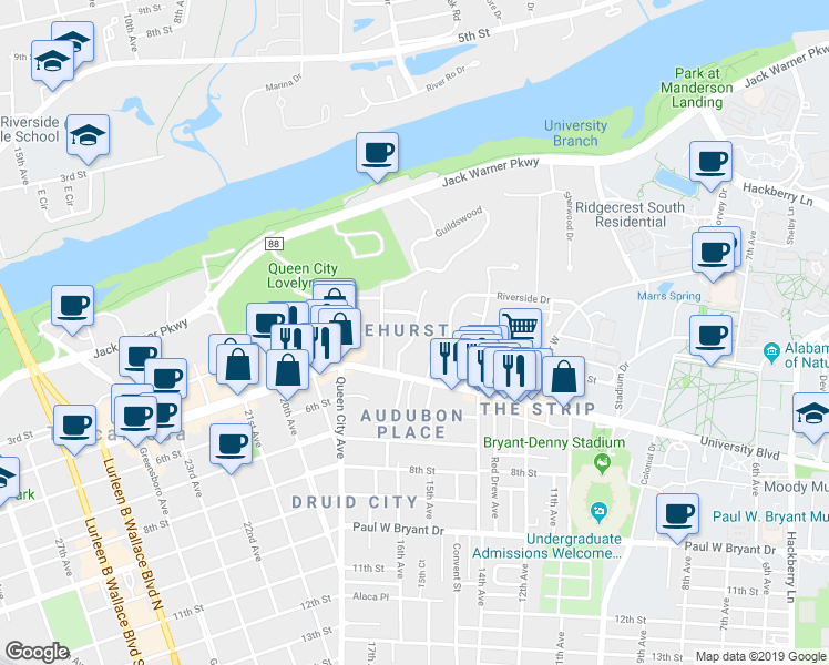 map of restaurants, bars, coffee shops, grocery stores, and more near 498 Pinehurst Drive in Tuscaloosa