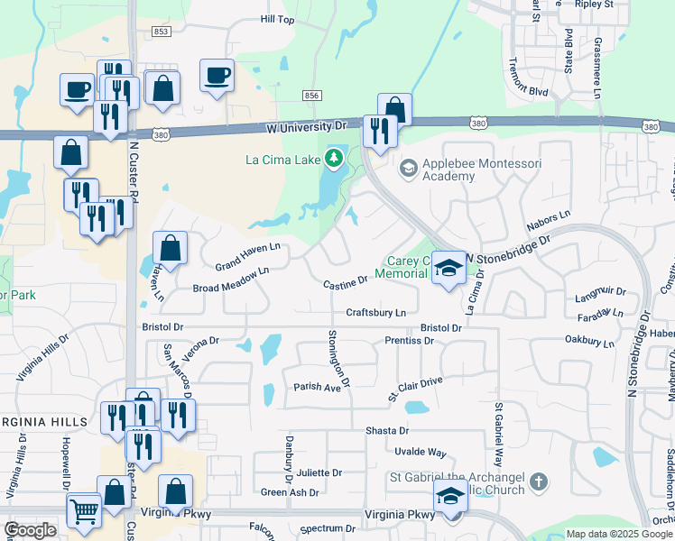 map of restaurants, bars, coffee shops, grocery stores, and more near 1409 Montclair Circle in McKinney