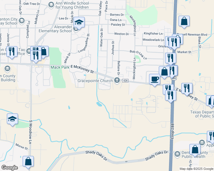 map of restaurants, bars, coffee shops, grocery stores, and more near 2700 East McKinney Street in Denton