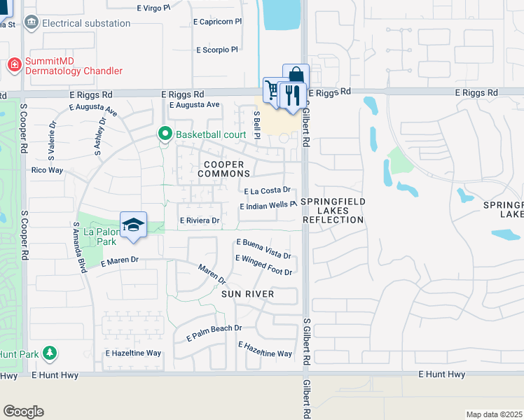 map of restaurants, bars, coffee shops, grocery stores, and more near 2873 East Indian Wells Place in Chandler