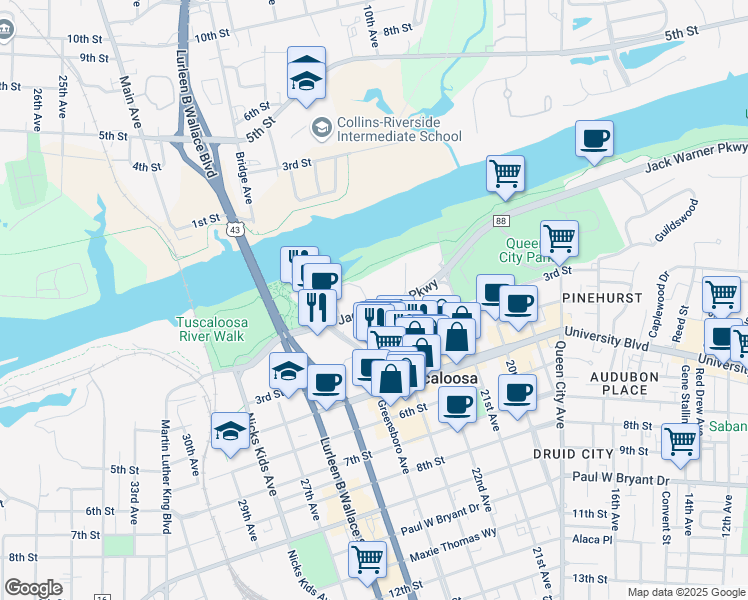 map of restaurants, bars, coffee shops, grocery stores, and more near 2306 Jack Warner Parkway in Tuscaloosa