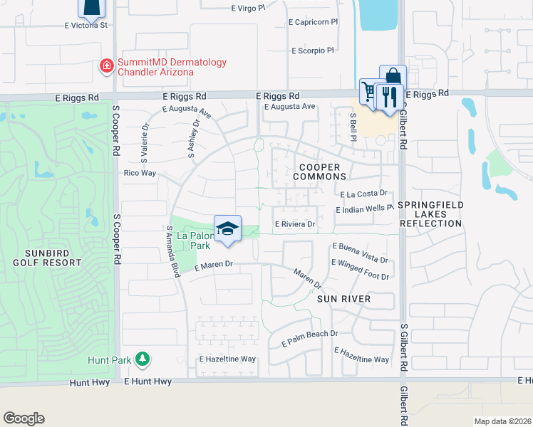 map of restaurants, bars, coffee shops, grocery stores, and more near 2482 East Riviera Place in Chandler