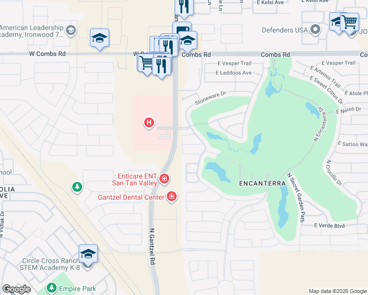 map of restaurants, bars, coffee shops, grocery stores, and more near 41 East Camellia Way in San Tan Valley