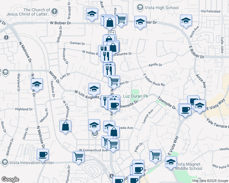 map of restaurants, bars, coffee shops, grocery stores, and more near 1021 North Santa Fe Avenue in Vista