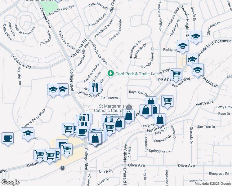 map of restaurants, bars, coffee shops, grocery stores, and more near 1826 Via Quinto in Oceanside