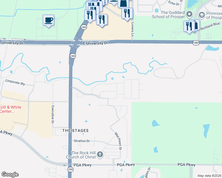 map of restaurants, bars, coffee shops, grocery stores, and more near 9754 Hicko Hill in Frisco