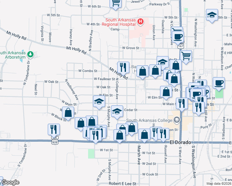 map of restaurants, bars, coffee shops, grocery stores, and more near 900 West Elm Street in El Dorado