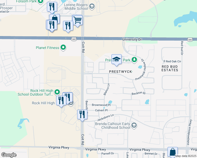 map of restaurants, bars, coffee shops, grocery stores, and more near 12213 Ridgeback Drive in McKinney