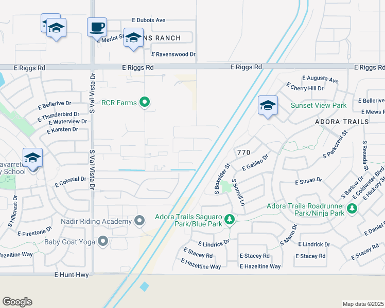 map of restaurants, bars, coffee shops, grocery stores, and more near 1987 East Indian Wells Drive in Gilbert