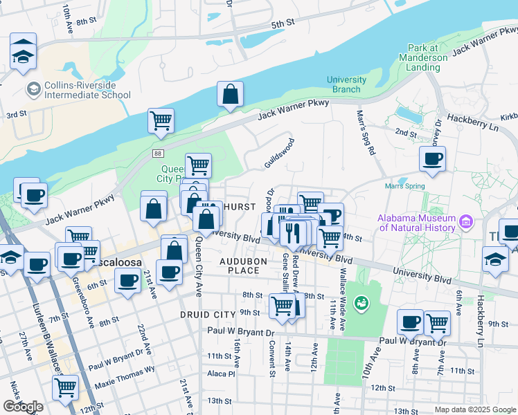 map of restaurants, bars, coffee shops, grocery stores, and more near 400 15th Avenue in Tuscaloosa