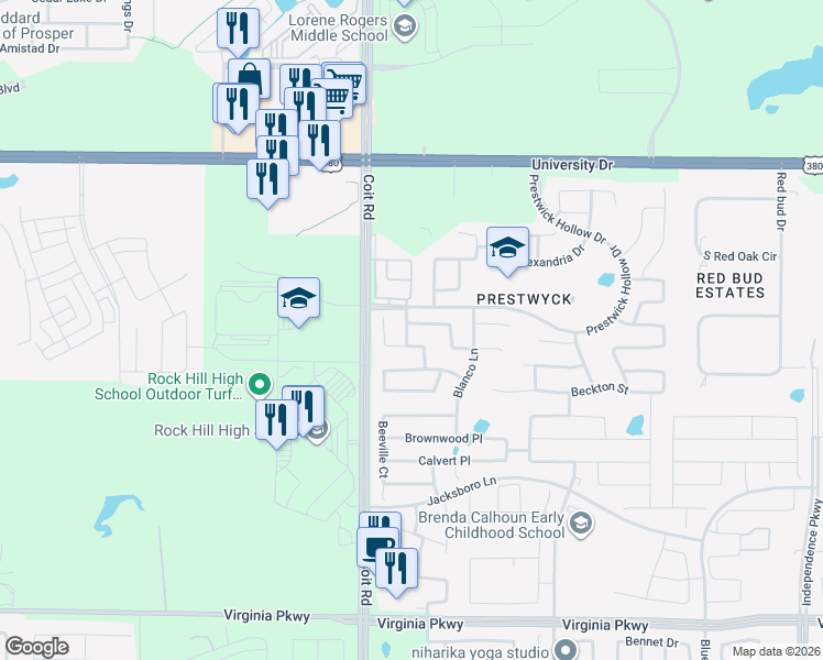 map of restaurants, bars, coffee shops, grocery stores, and more near 1108 Pennybaker Lane in McKinney