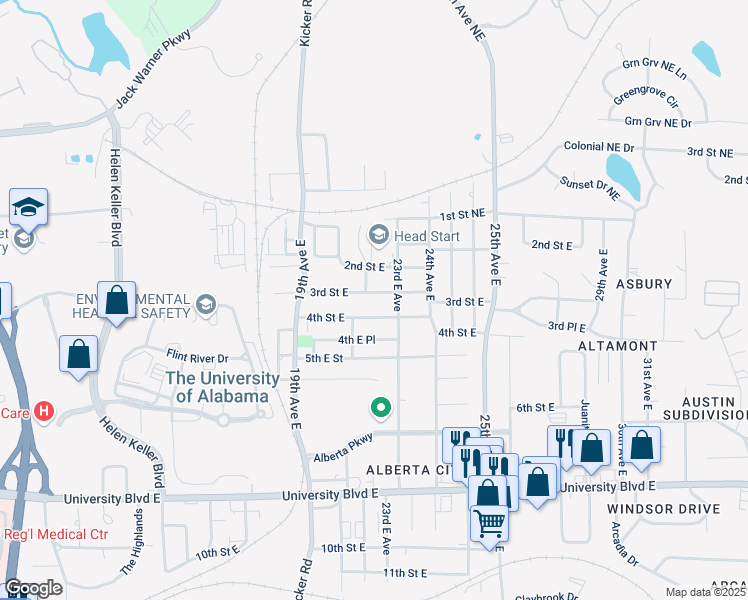 map of restaurants, bars, coffee shops, grocery stores, and more near 2107 3rd Street East in Tuscaloosa