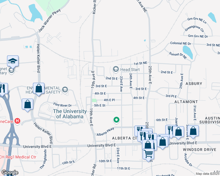 map of restaurants, bars, coffee shops, grocery stores, and more near 2107 3rd Street East in Tuscaloosa