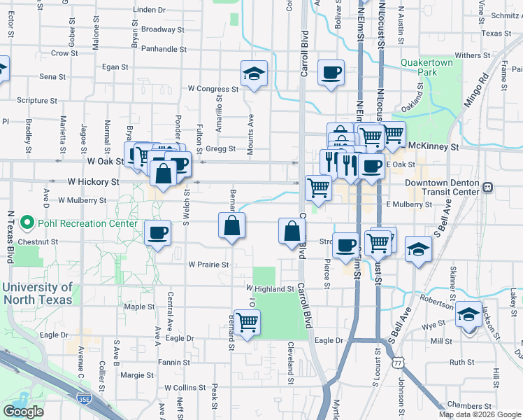 map of restaurants, bars, coffee shops, grocery stores, and more near 713 West Mulberry Street in Denton
